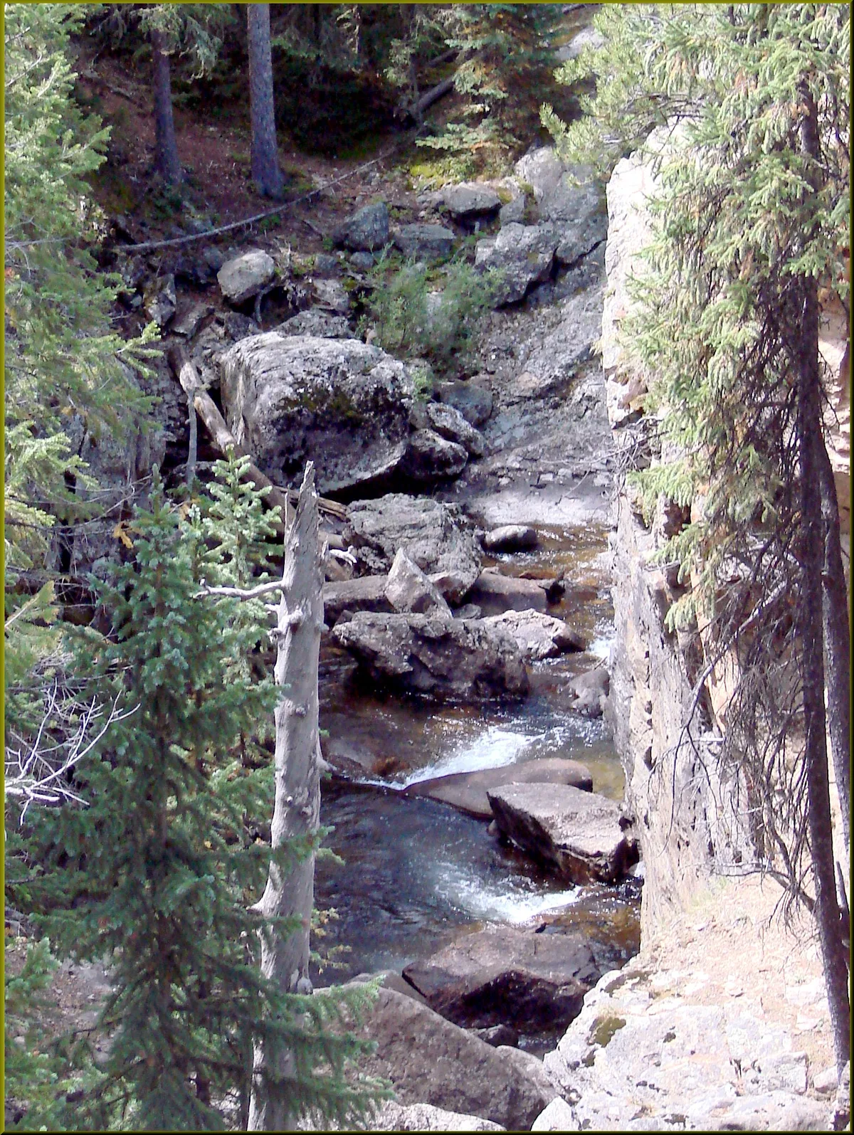 A narrow mountain creek tumbles through a rocky canyon lined with pines, with water slipping over mossy granite boulders and ledges. Sunlight catches the pale rock walls and the small cascades below, giving the scene a bright, early-morning feel.