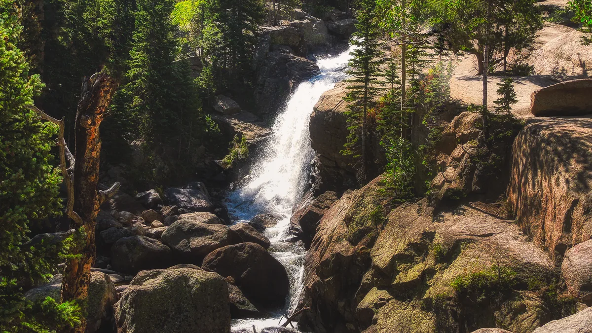 A bright waterfall pours through a narrow granite gorge, dropping between dark boulders into a rocky stream below. Sunlit spruce and fir trees frame the falls, with warm morning light highlighting the cliffs and mossy stone.