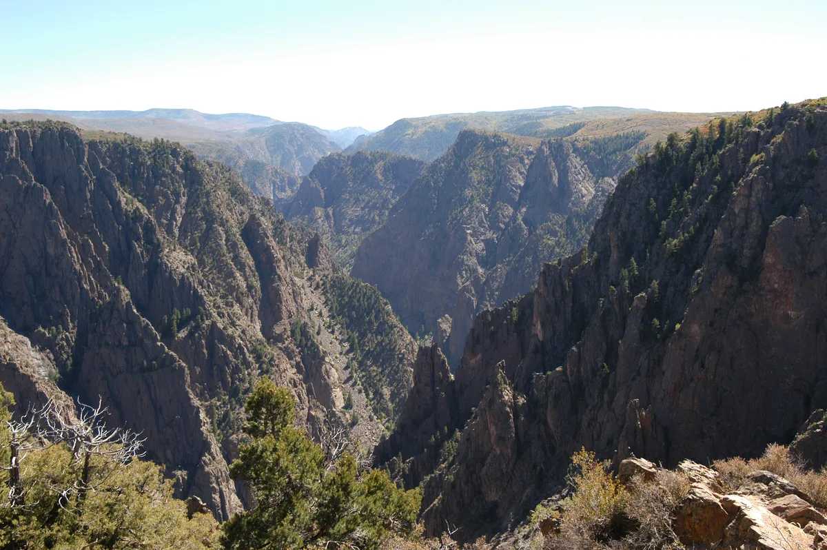Sheer, dark canyon walls drop into the narrow Black Canyon, with the Gunnison River visible far below in a hazy, sunlit gorge. The foreground shows scrub and a few small pines at the overlook, while the afternoon light highlights the rugged rock faces and distant rim.