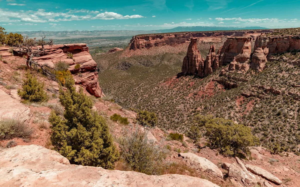 Sweeping view over a red sandstone canyon with sheer cliffs, tall spires, and a broad, brush-covered valley stretching into the distance. Bright morning light and a turquoise sky with thin clouds make the desert landscape feel crisp and expansive.