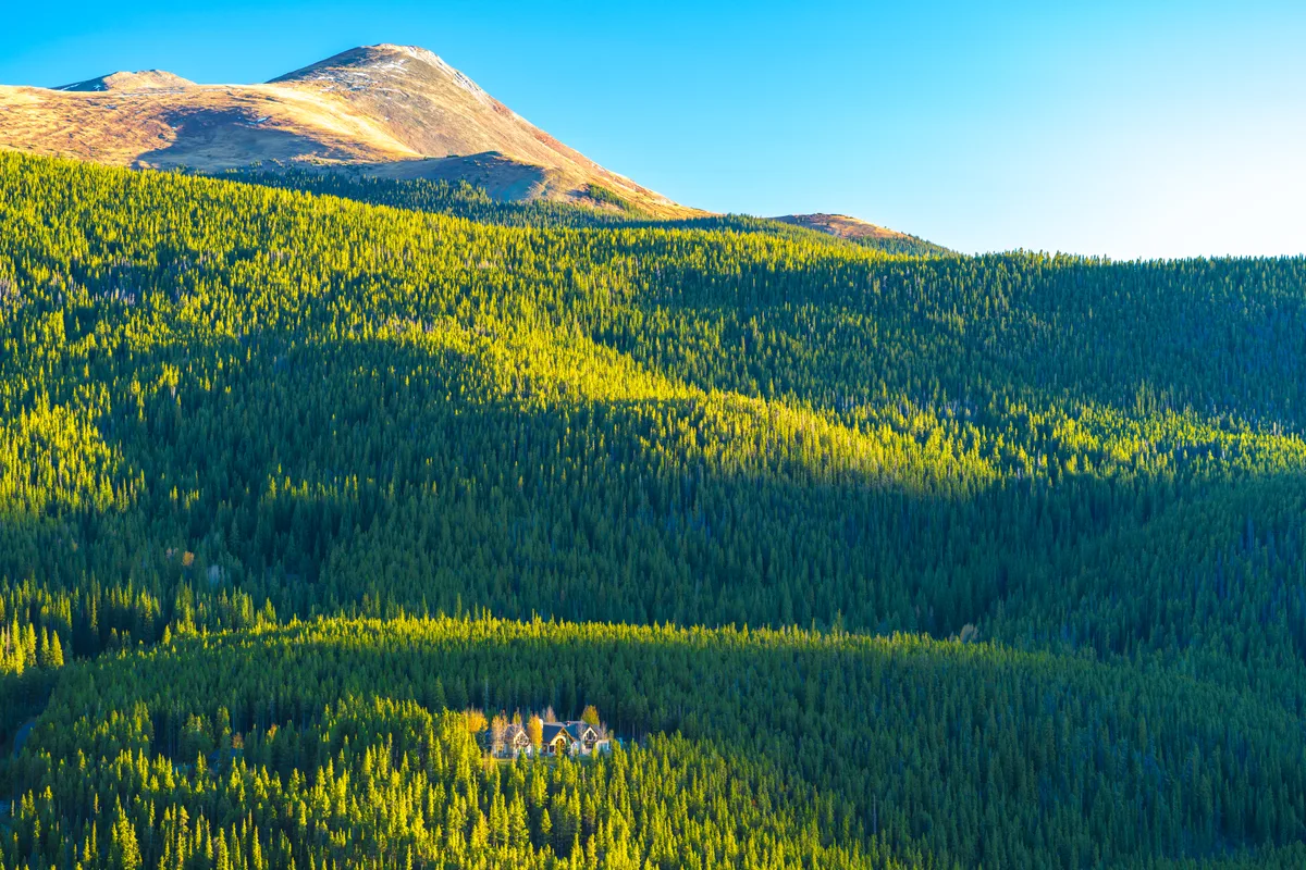 Sunlit mountain slopes rise above a dense evergreen forest, with bands of golden fall light streaking across the hills. A small historic building sits tucked in the trees near the lower center, under a clear blue morning sky.