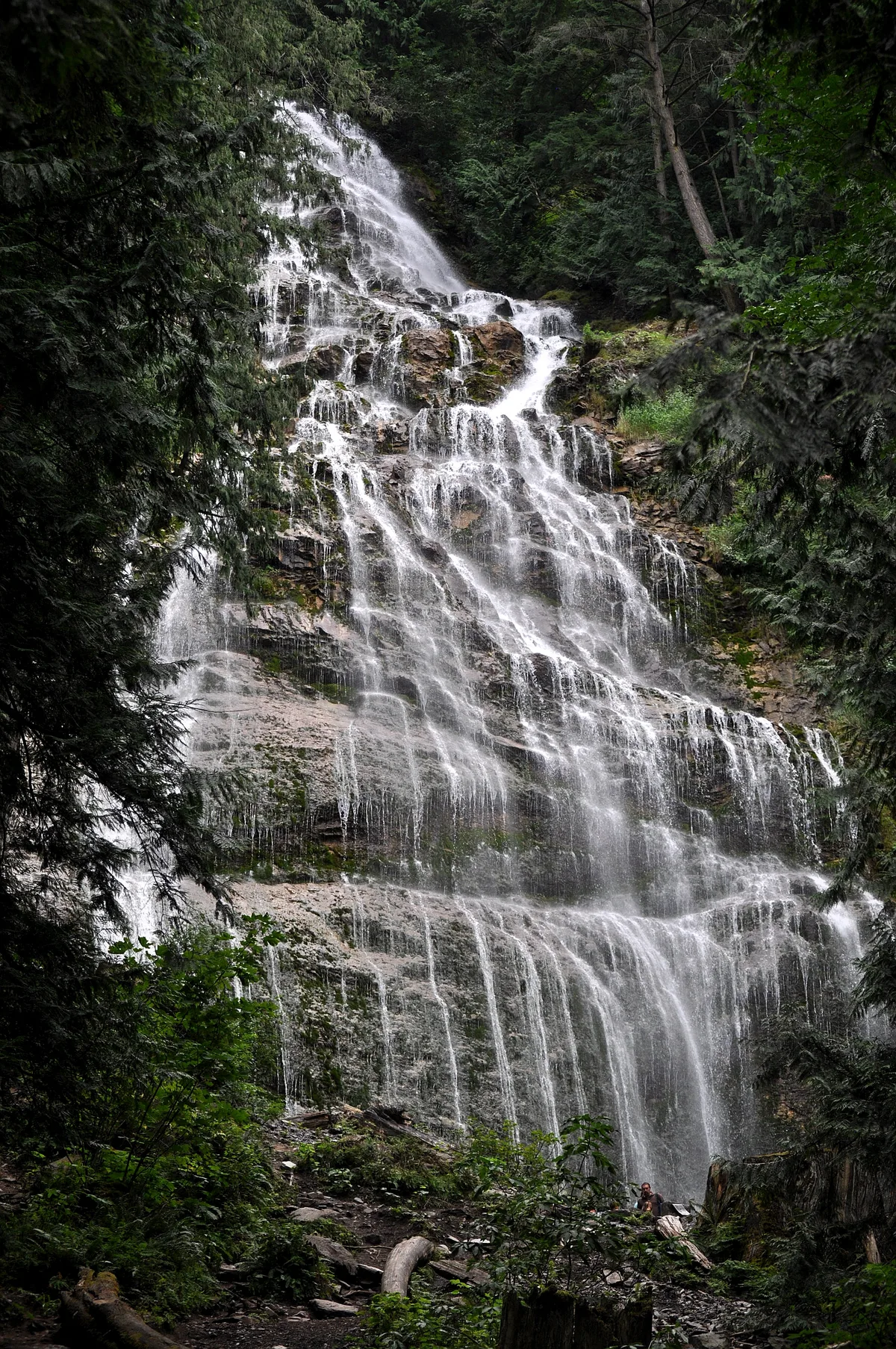 A tall, tiered waterfall spills in thin white ribbons over dark rock, framed by dense evergreen forest on both sides. Mist softens the cascades near the base, where a few rocks and a small figure are visible in the shadowed canyon.
