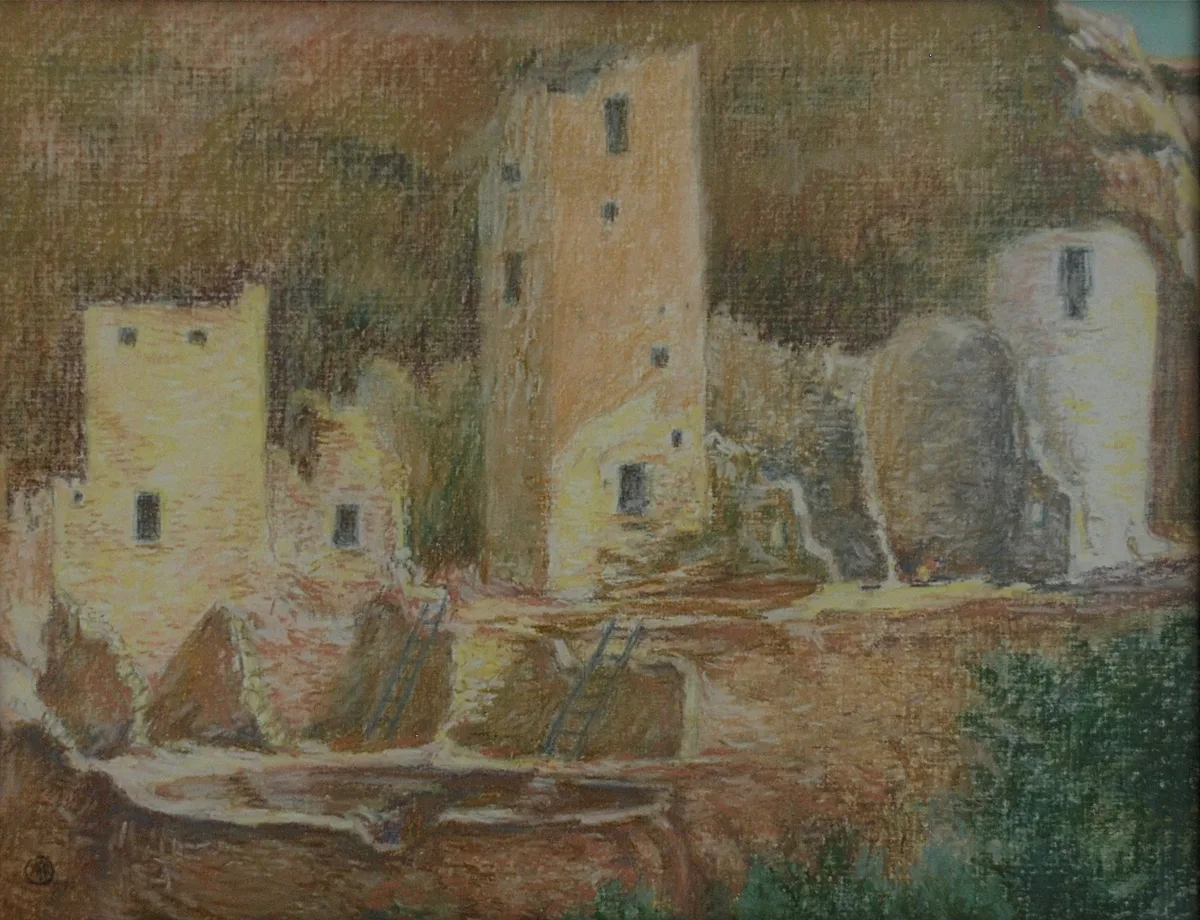 A soft pastel drawing shows the Cliff Palace cliff dwelling tucked into a sandstone alcove, with pale tan and white masonry rooms rising against the dark cave wall. Warm afternoon light highlights the stepped facades and small window openings, while the canyon rock and shadowed overhang frame the ruin.