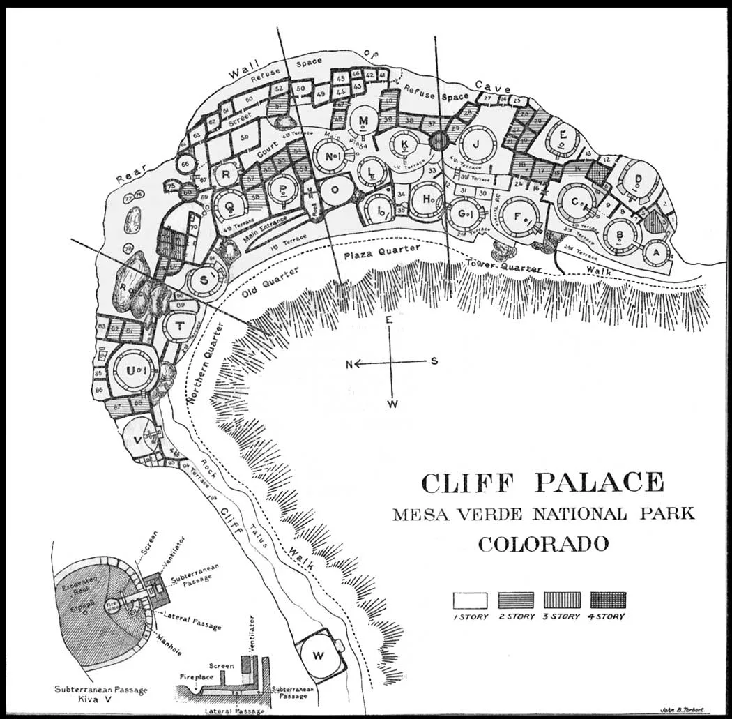 Black-and-white archaeological ground plan of Cliff Palace, showing the curved arrangement of dozens of labeled rooms and kivas tucked beneath a massive cliff overhang. The map includes terraces, courtyards, passageways, a compass rose, and a legend for different story heights.