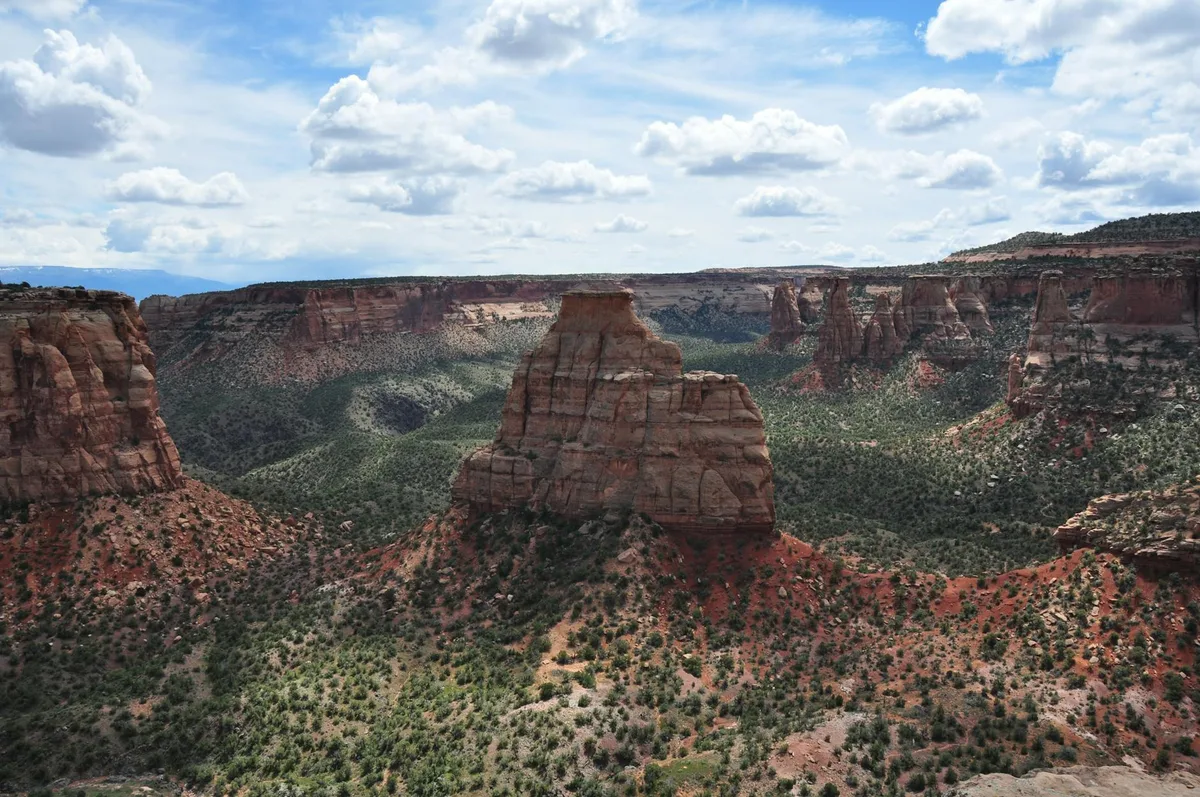 Sweeping view of red sandstone buttes and cliffs rising above a green, brushy canyon under a bright sky with scattered clouds. The layered rock formations and broad landscape fill the frame, with no visible water or wildlife.