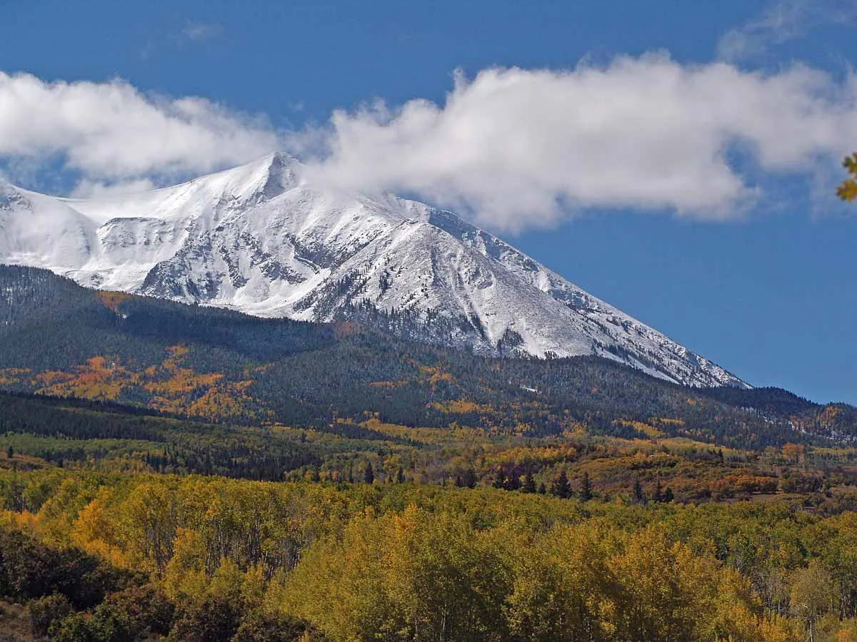 Snowy Wilson Range peaks rise under a blue sky with a few low clouds, above dark evergreen slopes and bright autumn aspen in the foreground. The wide view layers gold and orange fall color across the valley beneath the mountains.