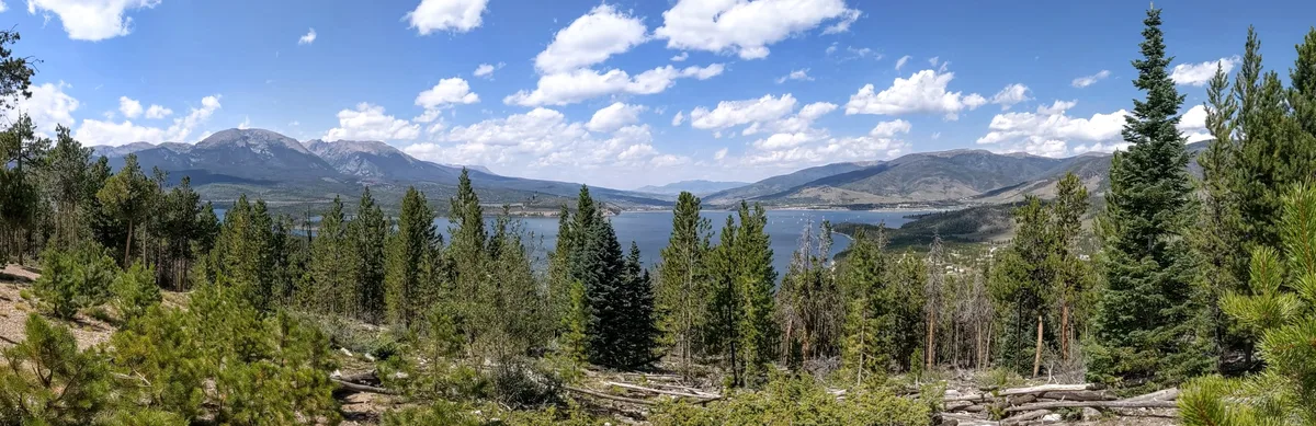 Wide panorama from a pine-covered overlook shows Dillon Reservoir stretching between forested slopes and distant mountain ranges under a bright blue sky with scattered white clouds. The water is calm and reflective, with the Tenmile Range and surrounding peaks framing the scene.