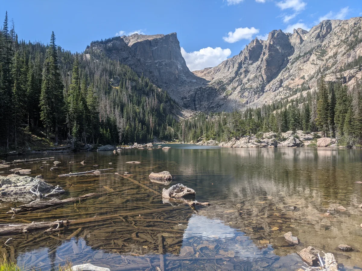 Clear alpine water fills the foreground, with submerged logs and stones visible through the glassy surface and a faint reflection of the sky. Dark evergreens line the lake, while steep granite cliffs rise dramatically behind them under a bright blue sky with scattered clouds.
