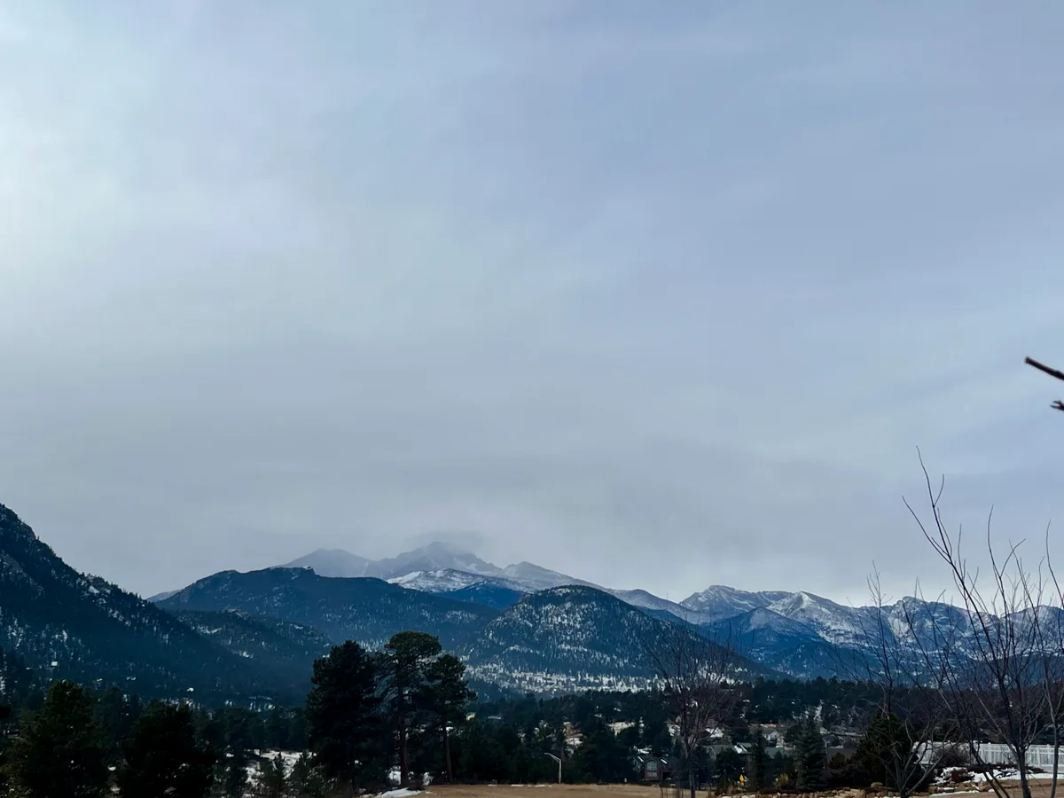 Snow-dusted Rocky Mountain peaks rise above dark pine-covered slopes and the town of Estes Park below, with a pale winter sky overhead. Bare tree branches frame the right edge, while scattered buildings and patches of snow sit in the valley.