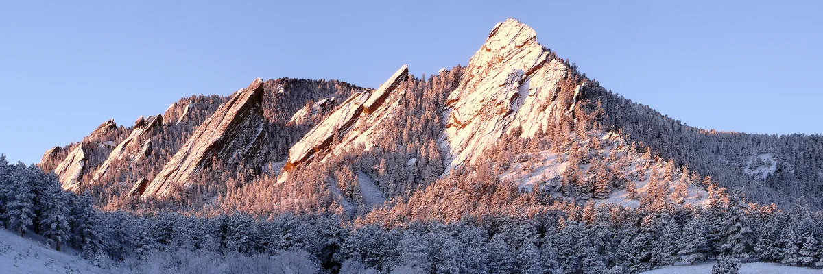 Snow-covered Flatirons rise steeply above a dark pine forest, with warm sunrise light glowing pink and gold on the tilted rock faces. The wide winter landscape is framed by a clear blue sky and frosted foothills in the foreground.