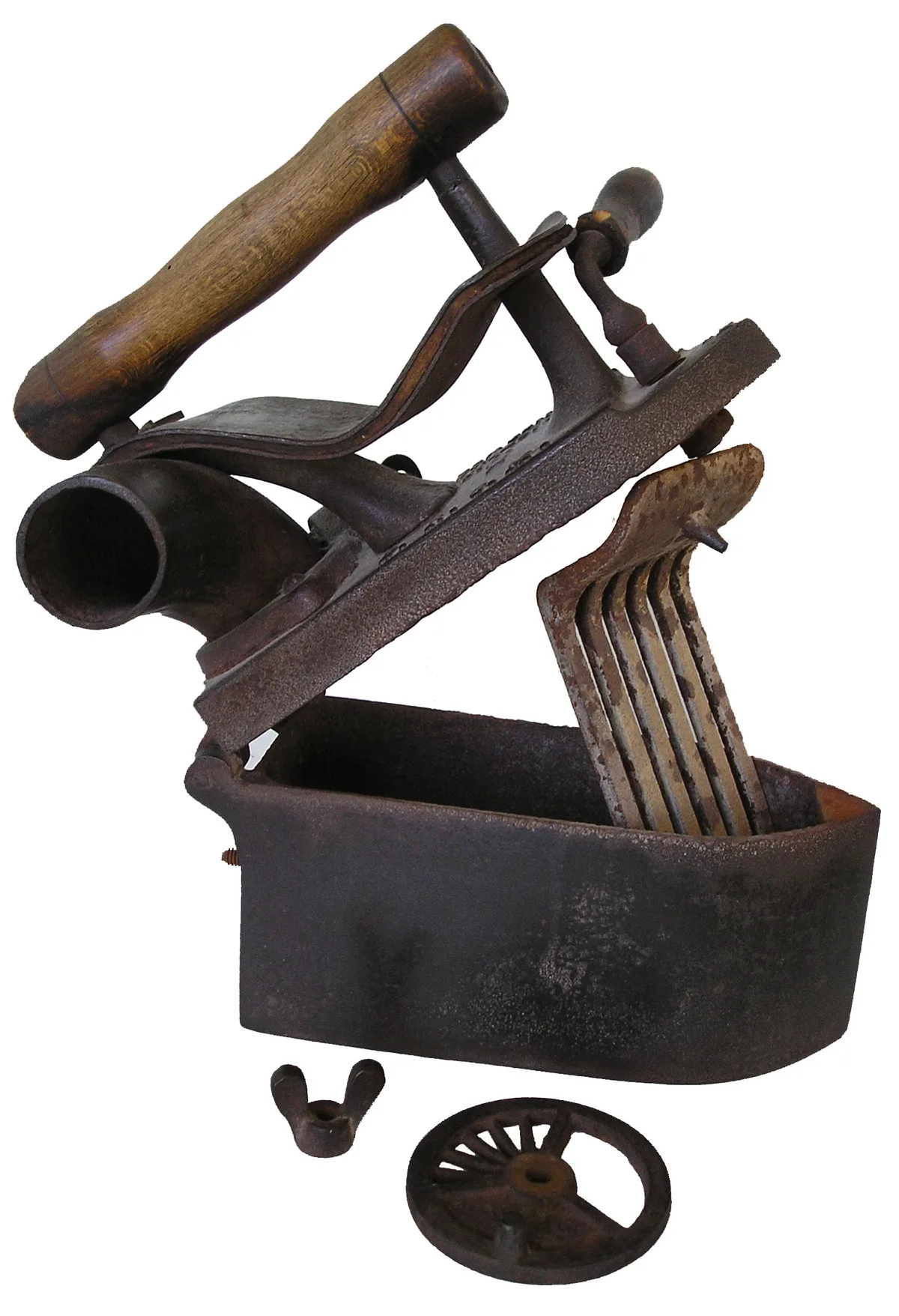 Sorry, this doesn’t match Flatirons Vista in Boulder — it shows a cutaway view of an antique charcoal iron with a wooden handle, hinged lid, and loose metal parts on a white background.