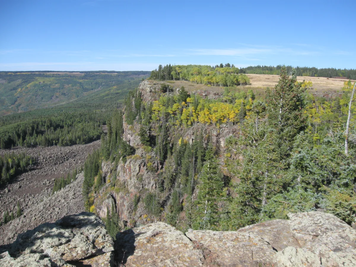 A rocky cliff edge overlooks a broad, forested mesa with yellow aspen trees scattered along the rim and slopes. Below, a deep rocky ravine cuts through dense evergreen forest under a clear blue sky.