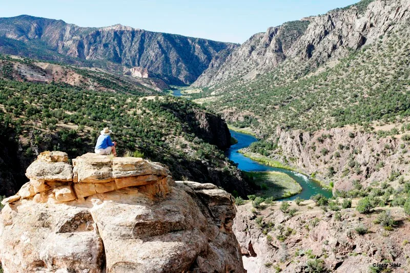A lone hiker in a hat sits on a sunlit rock outcrop in the foreground, looking out over a steep, green canyon. Below, the Gunnison River winds through the remote gorge between dark, rugged cliffs under a clear morning sky.