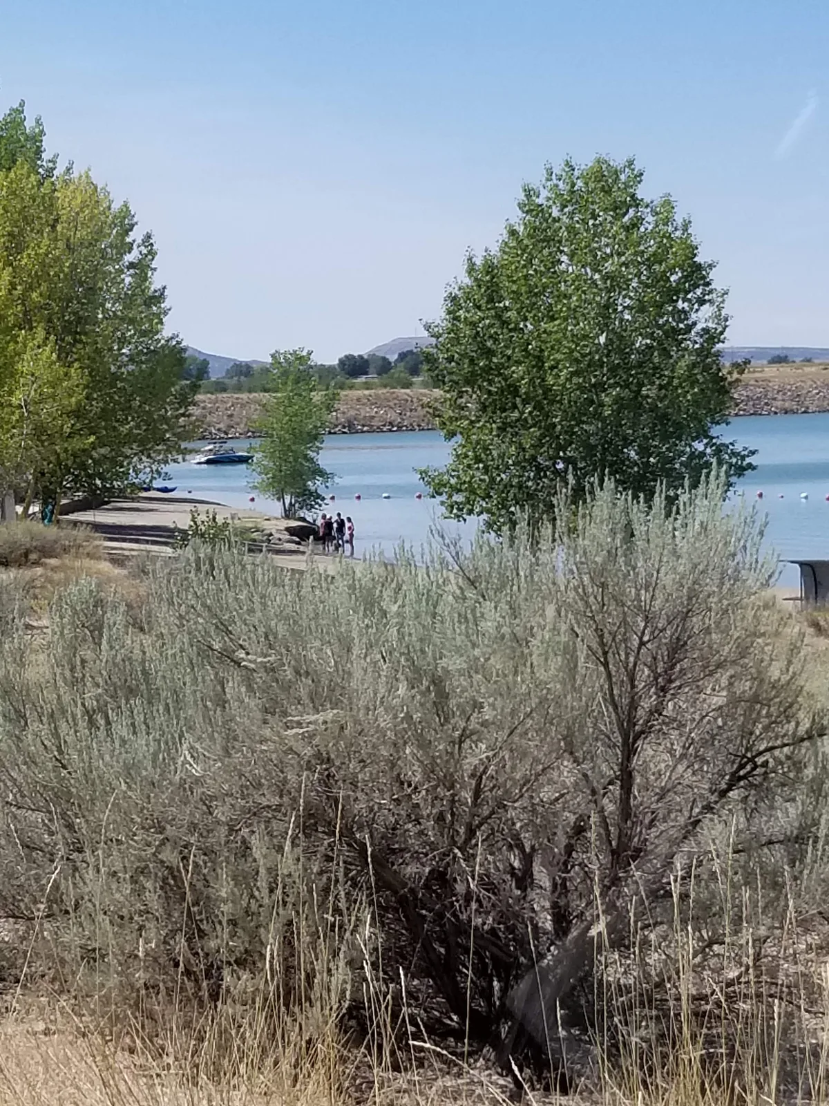 Shrubby desert foreground frames a calm blue reservoir with a small boat near the shore and a few people standing by the water. Low mesa ridges stretch across the horizon under a clear sky.