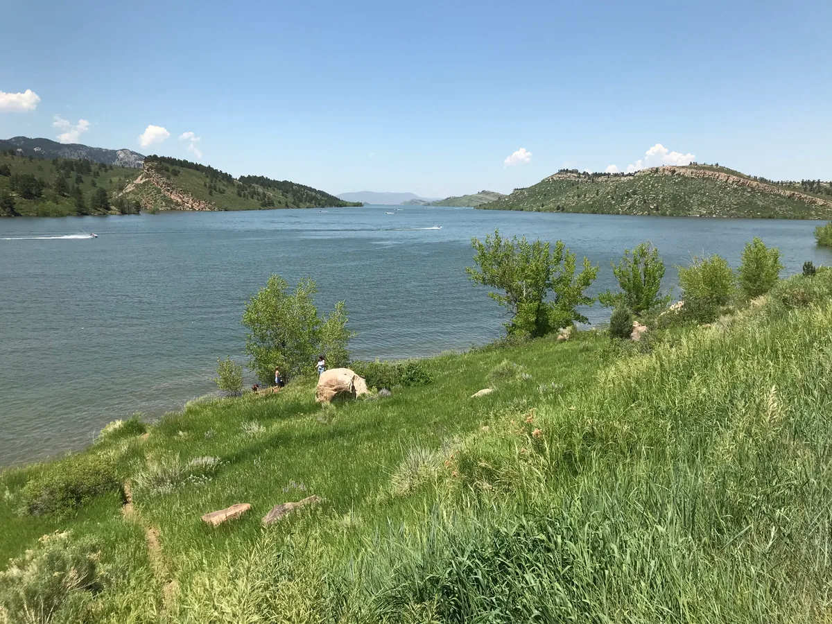 Wide view of Horsetooth Reservoir under a clear blue sky, with green foothills and rocky ridgelines framing the water on both sides. A grassy, tree-dotted shoreline slopes into the foreground, and a few small boats leave white wakes across the calm surface.