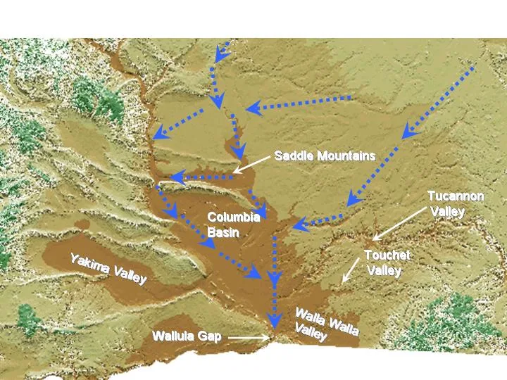 This image shows a labeled relief map rather than a mountain lake, with brown shaded basins, ridgelines, and blue dashed arrows tracing drainage paths across the terrain. White text marks places such as Columbia Basin, Saddle Mountains, Yakima Valley, and Walla Walla Valley.