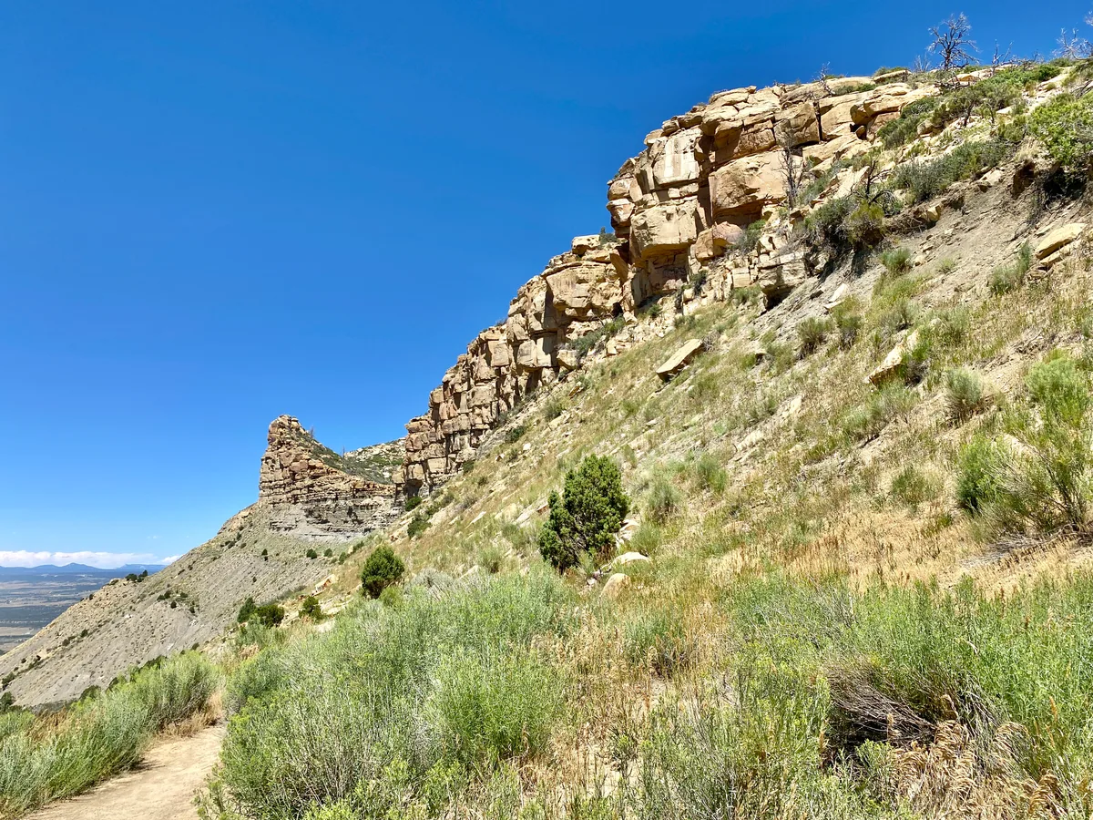 Steep tan sandstone cliffs rise above a scrubby desert slope, with a narrow dirt path cutting along the lower left edge. Bright midday sun and a cloudless blue sky make the rocky ridge and sparse piñon-juniper vegetation stand out sharply.