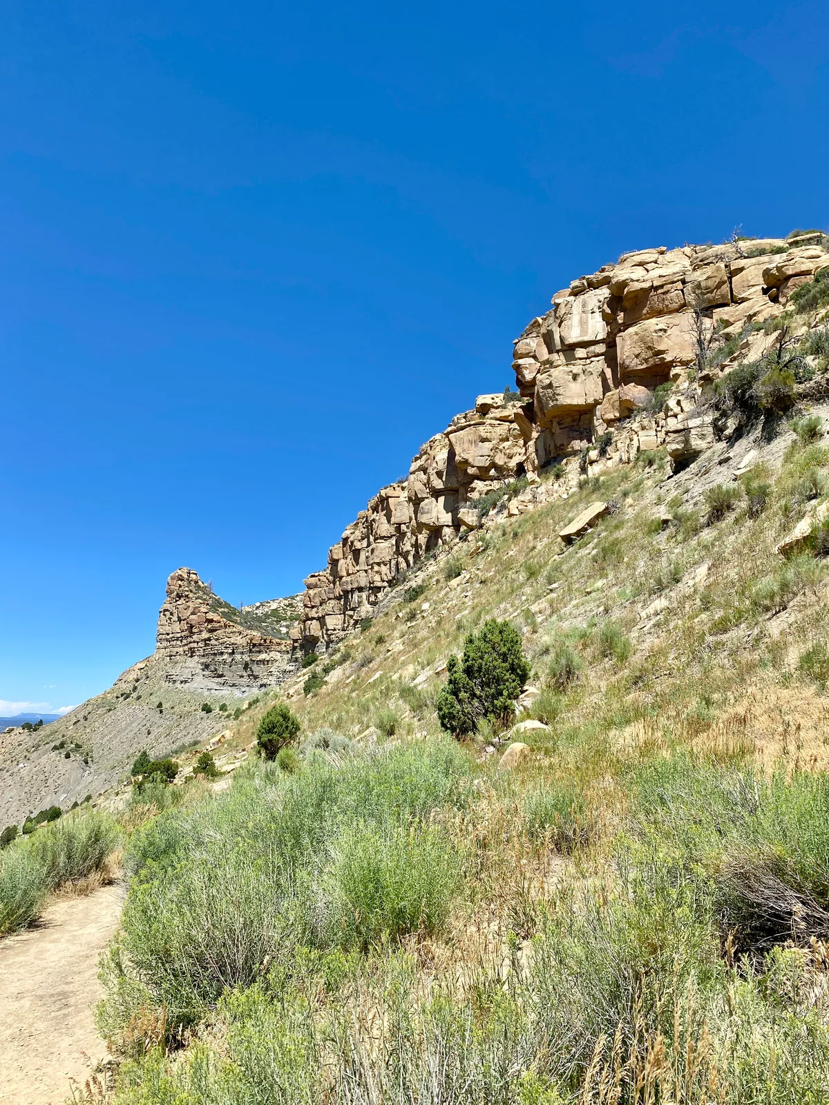 A narrow dirt path winds along a sunlit, grassy mesa slope beside sheer tan sandstone cliffs, with a rugged rock outcrop rising in the distance. The scene is framed by a huge clear blue sky, giving the overlook an open, dramatic desert feel.