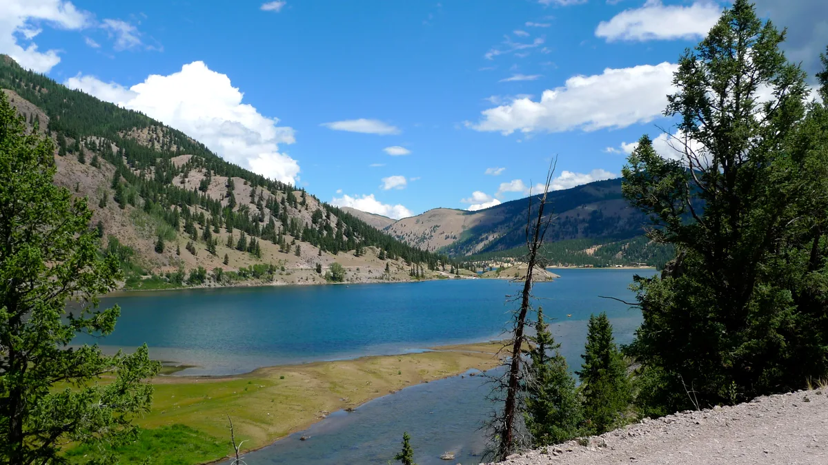 Wide view of Lake San Cristobal with deep blue water framed by evergreen trees, rocky shoreline, and steep mountain slopes under a bright blue sky with scattered clouds. The foreground includes a sandy pull-off and a thin, leafless tree, while the lake curves into a calm inlet near the far shore.