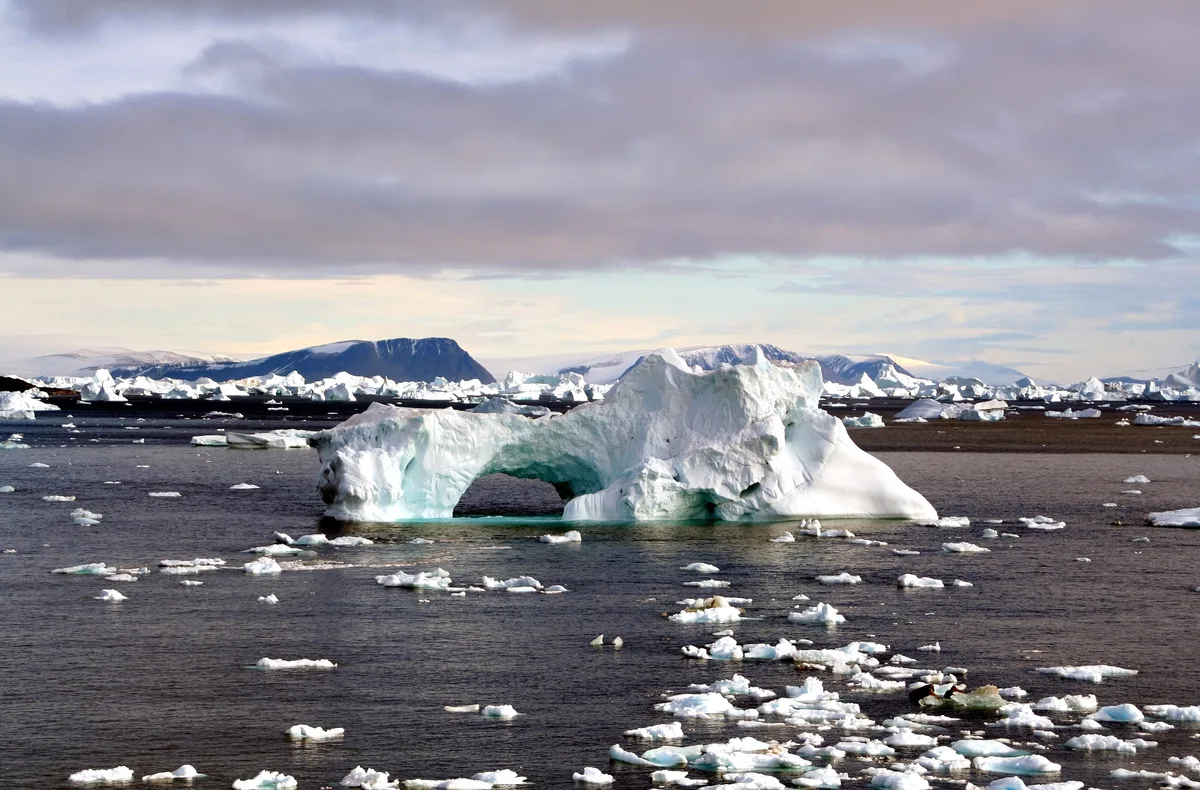 A large white iceberg with a natural arch floats in dark, icy water, surrounded by scattered ice fragments. Low mountains and a cloudy pastel sky stretch across the horizon in the background.