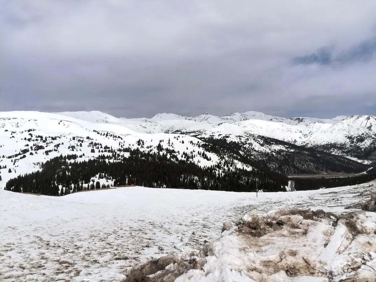 Snow-covered alpine ridges stretch across the horizon beneath a low gray sky, with dark evergreen forests filling the valleys below. In the foreground, wind-packed snow and rocky crust edge the overlook, emphasizing the high, exposed pass.