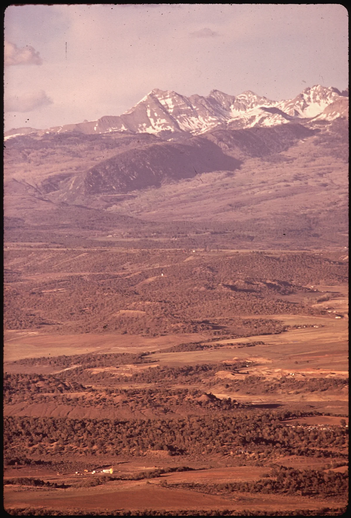 Snow-streaked La Plata Mountains rise above a broad, tawny valley of fields and low, brushy hills under a pink evening sky. The warm golden-hour light softens the landscape, with dark forested bands and a few scattered ranch buildings visible in the distance.