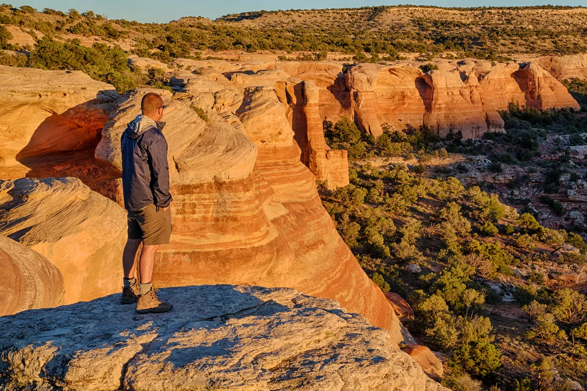 A hiker stands on a sunlit sandstone ledge overlooking layered red-and-tan canyon walls and a brush-covered desert valley below. Warm afternoon light highlights the curved rock bands and sharp cliff edges under a clear sky.