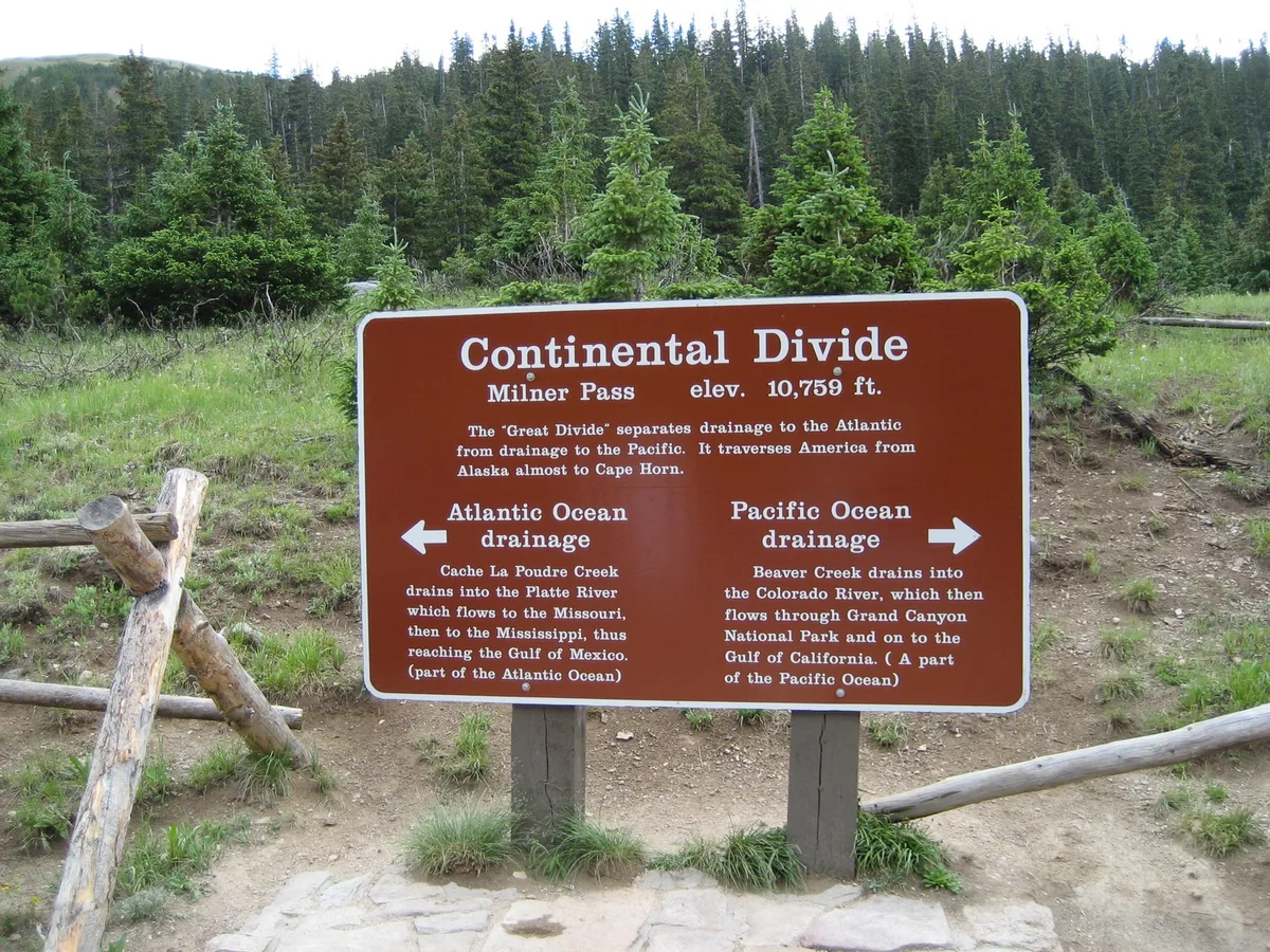 Brown Continental Divide sign at Milner Pass in Rocky Mountain National Park, with arrows pointing to Atlantic and Pacific drainage on a dirt turnout. Evergreen forest and a grassy alpine slope rise behind the sign under bright daylight.