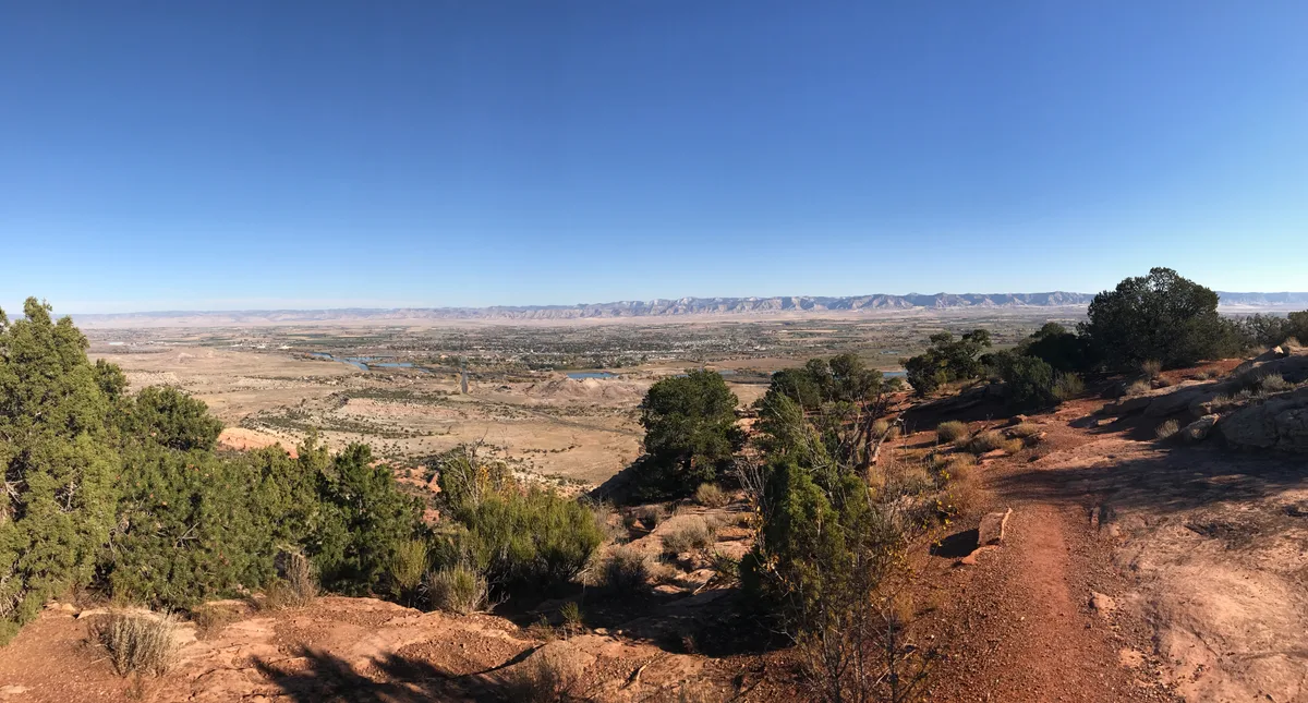 A wide view from a red sandstone hiking trail overlooking the Monument Canyon landscape, with scrubby juniper trees in the foreground and a broad valley stretching to distant mesas under a clear blue morning sky. The trail curves along sunlit rock on the right, while pale desert ridges and layered cliffs fill the horizon.