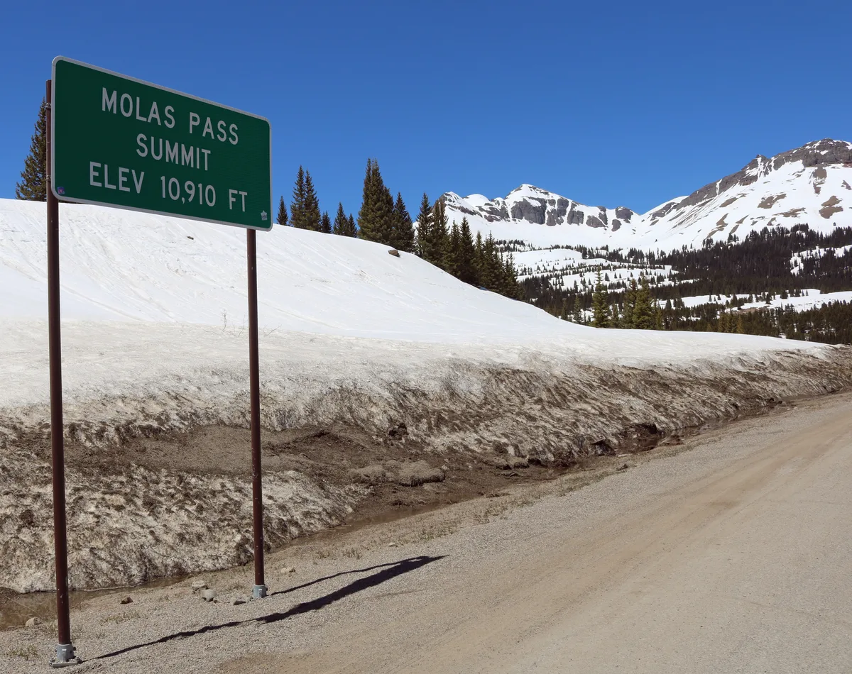 A green roadside sign reading “Molas Pass Summit Elev 10,910 Ft” stands beside a snowy alpine road, with sunlit white drifts, dark evergreens, and rugged, snow-streaked peaks under a clear blue sky.