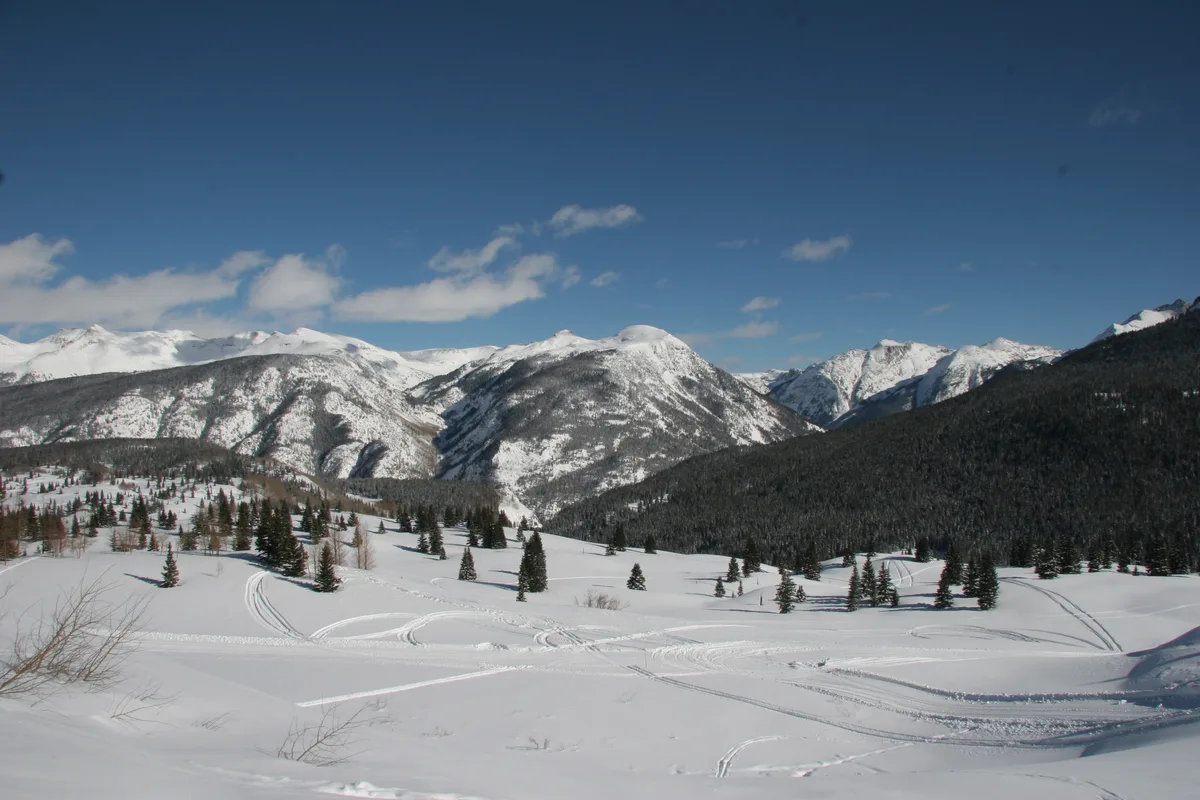 Snow-covered alpine slopes and scattered evergreens fill the foreground below the Molas Pass overlook, with snowmobile tracks curving across the white basin. Dark, forested ridges and bright, sunlit peaks of the Grenadier Range rise under a clear blue sky with a few wispy clouds.