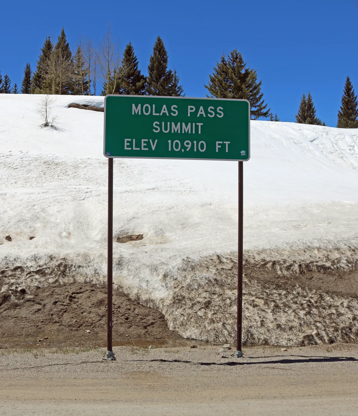 A green roadside sign reading “Molas Pass Summit, Elev 10,910 Ft” stands in front of deep spring snowbanks and tall evergreen trees under a clear blue sky. The bright sunlight and lingering snow emphasize the high-alpine setting at the pass.