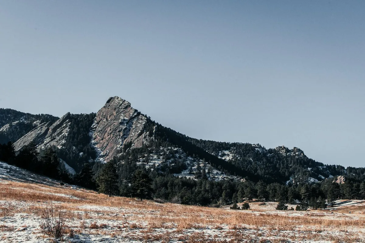 Sunlit Flatirons rise above a snowy, tan grassland with dark evergreen trees at the base, under a clear pale-blue sky. The composition is wide and open, with the rugged rock faces dominating the left side of the frame.