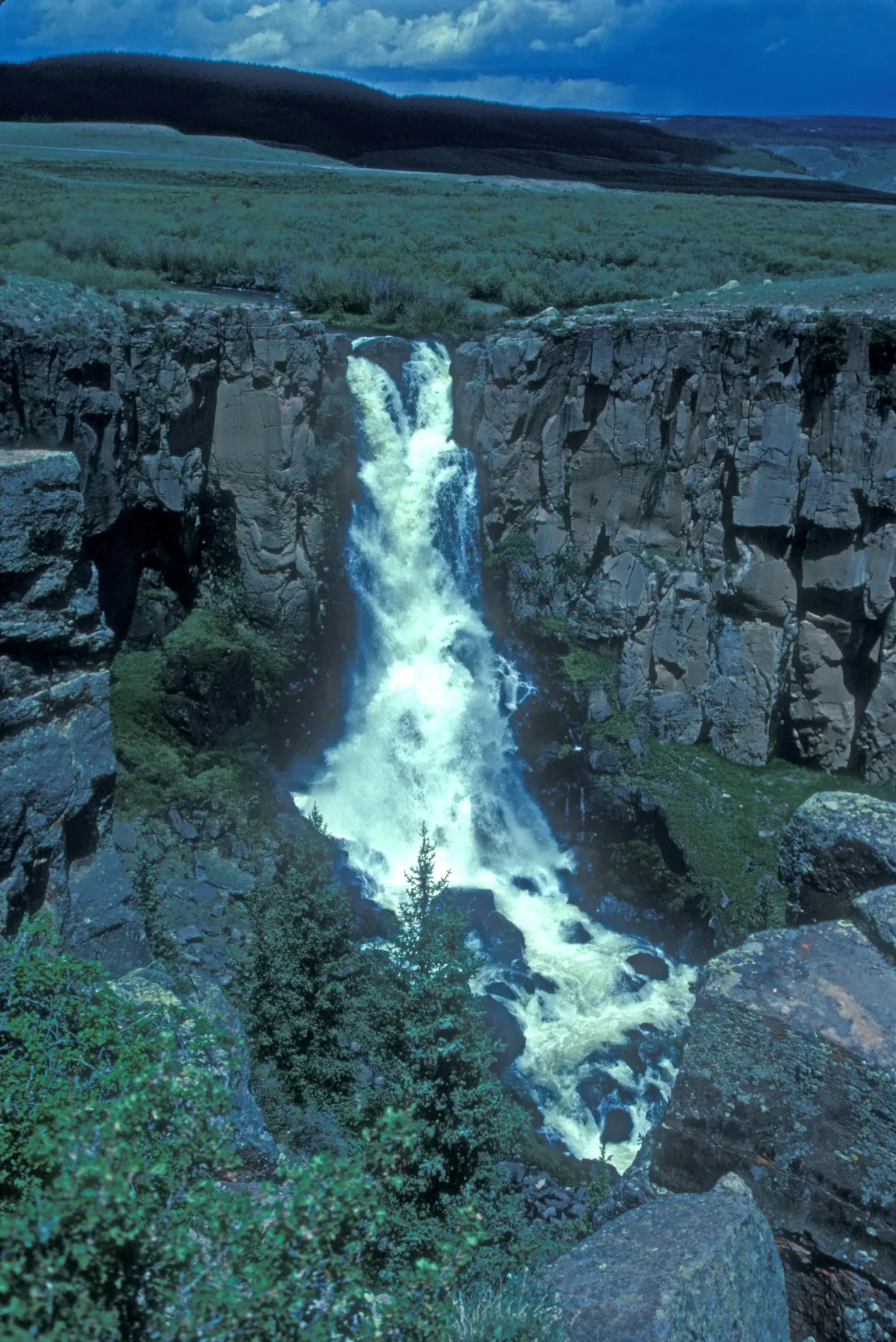 North Clear Creek Falls pours in a white, silky ribbon over a sheer gray rhyolite cliff into a narrow rocky gorge, with dark spruce forest and open high-country plains stretching across the background. The long exposure and cool morning light give the scene a soft, misty look against the rugged canyon walls.