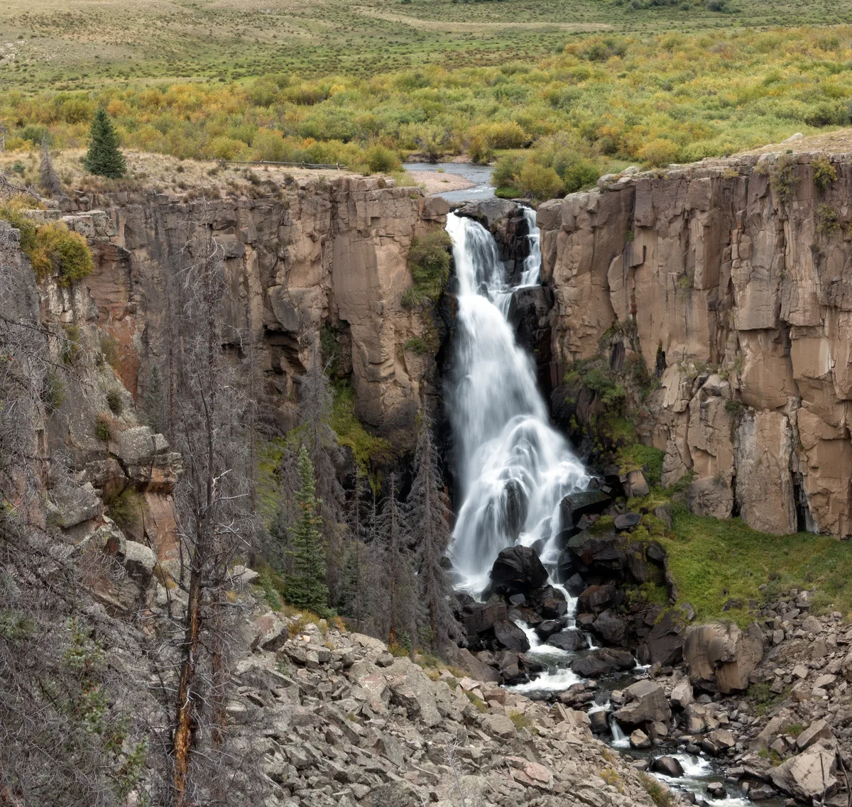 North Clear Creek Falls drops in a white, silky ribbon over a tall rhyolite cliff into a rocky gorge, with dark boulders and a narrow stream below. Dense spruce and autumn-tinged brush spread across the ridge above, while the wide view emphasizes the rugged canyon walls.
