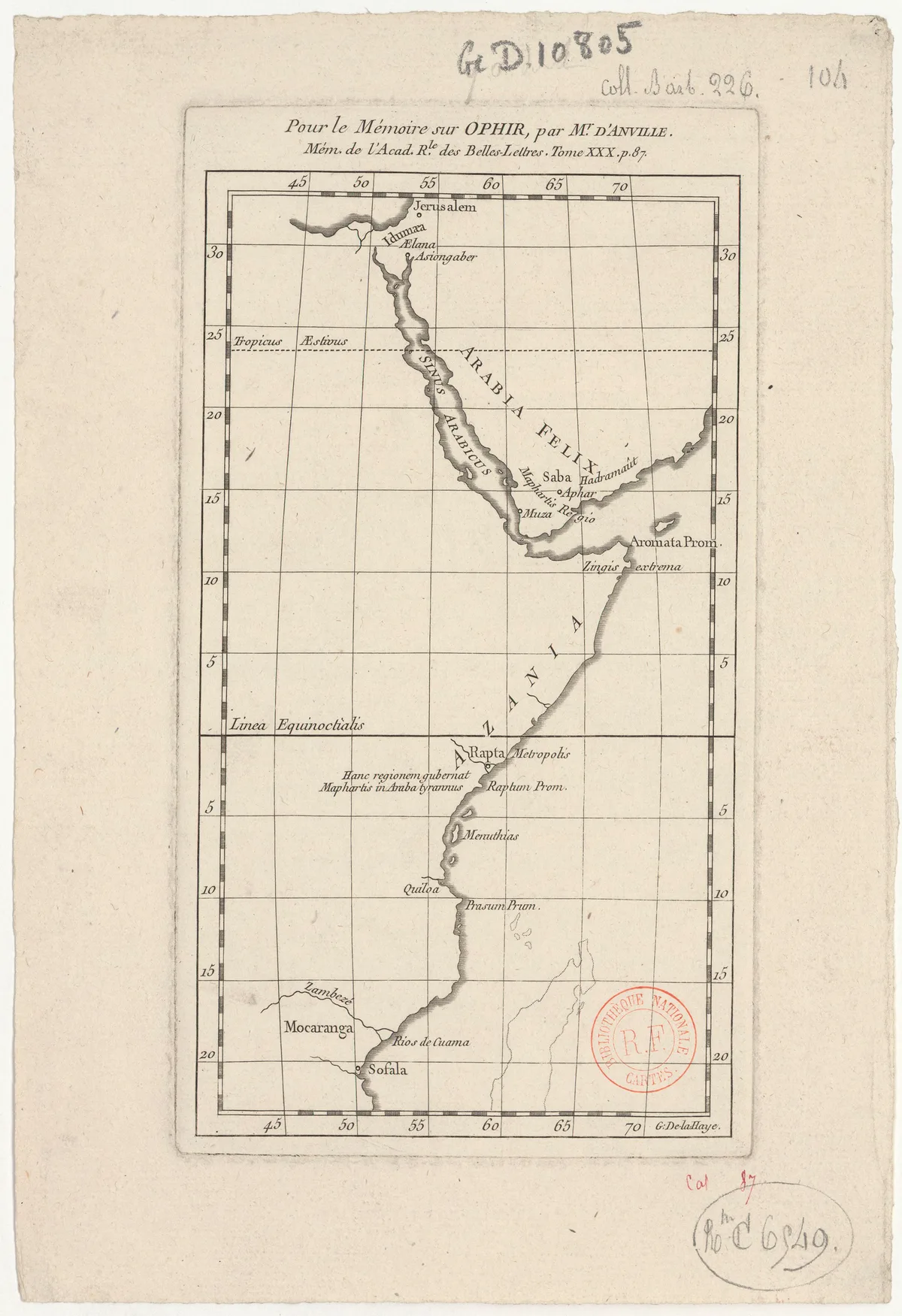 An antique black-and-white map fills the page, showing the southern Arabian Peninsula and East Africa with latitude and longitude grid lines, shaded coastlines, and labels such as Arabia Felix, Zingis, and Sofala. Handwritten catalog marks and a red library stamp sit in the margins of the aged paper.