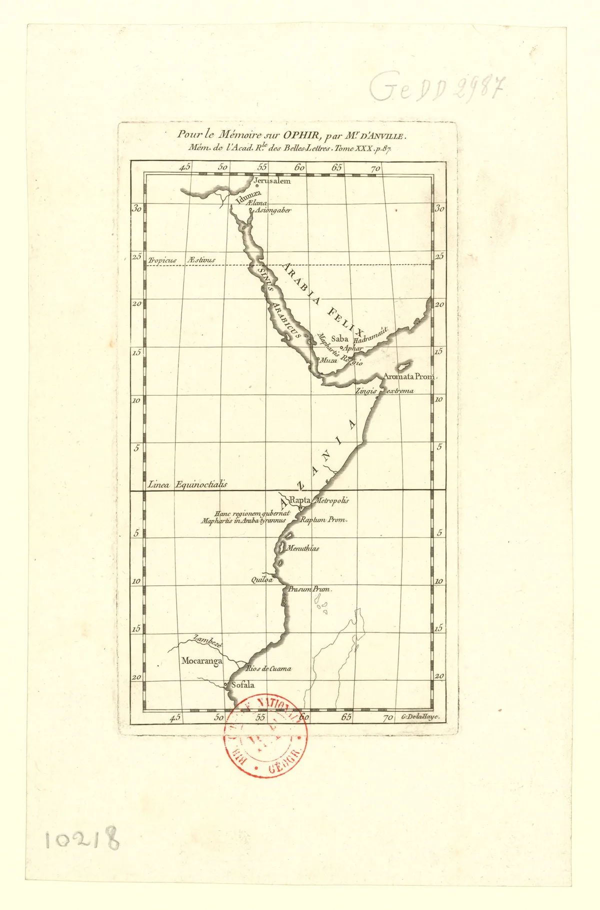 An old cream-colored map print fills the page, showing a narrow, vertically oriented coastline with grid lines, place names, and handwritten catalog markings. A faded red circular stamp overlaps the lower center, and the paper is lightly foxed with age.