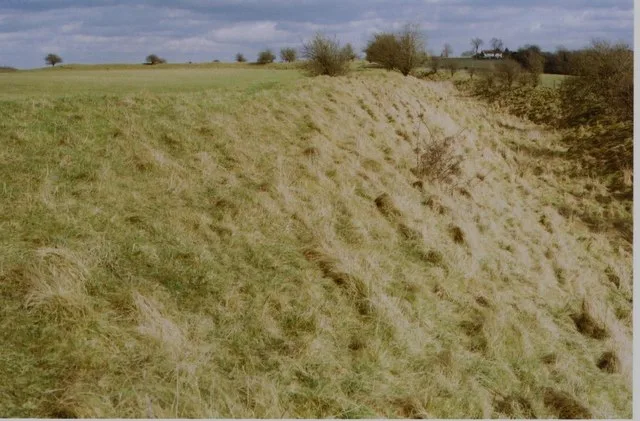 Grassy, sunlit ramparts slope diagonally through the frame, with rough, eroded earth cutting a shallow trench along the right side. Sparse shrubs dot the ridge under a cloudy sky, giving the scene an open, windswept feel.