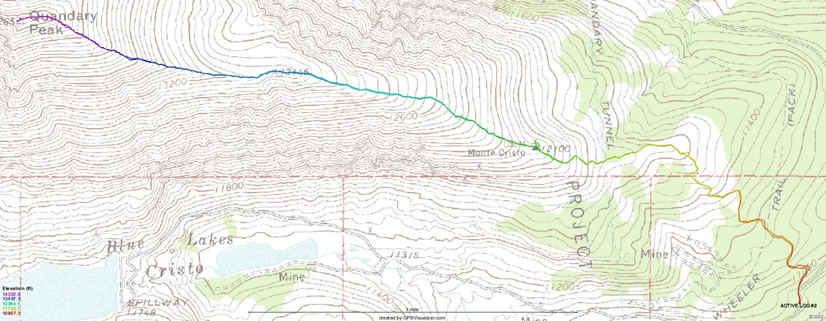 A topo map shows Quandary Peak and a GPS track tracing the east ridge route in a rainbow gradient from summit to trailhead, with dense contour lines and shaded alpine terrain. Blue lakes, mining roads, and nearby ridgelines fill the lower half of the map.