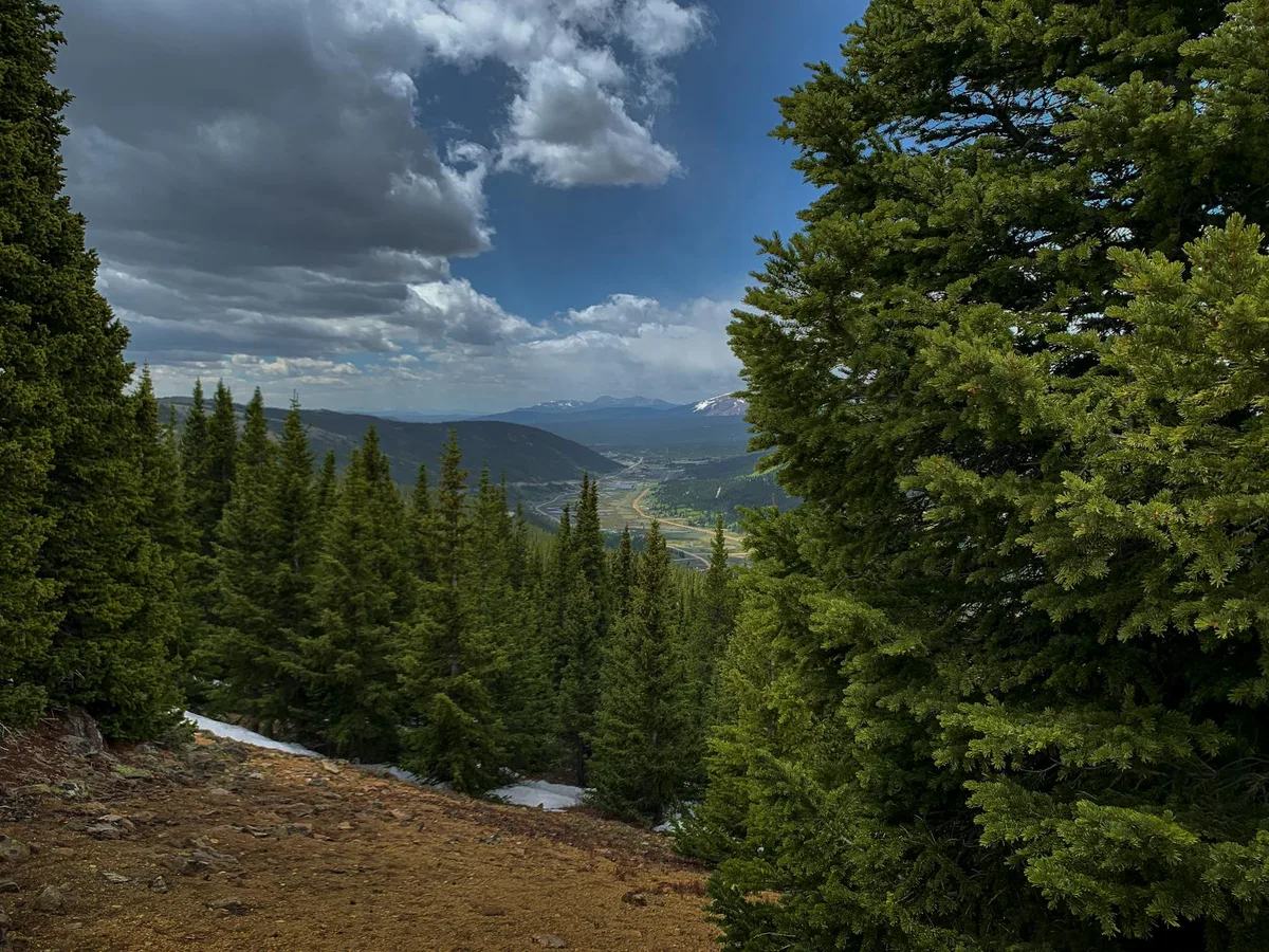A rocky alpine trail drops through dense evergreens, with small patches of lingering snow along the ground. Between the trees, a distant mountain valley opens under dramatic dark clouds and a strip of blue sky.