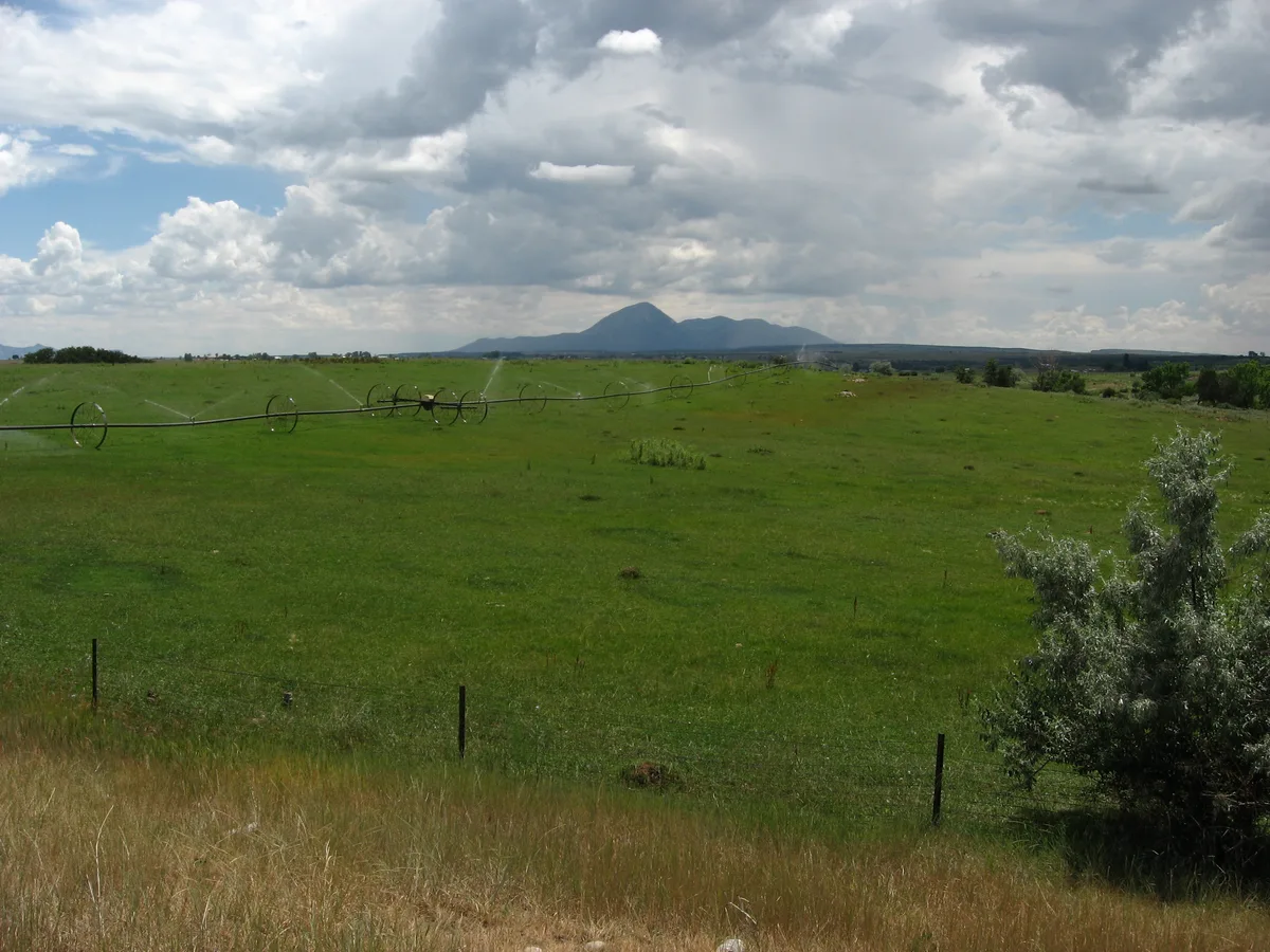 Wide view over a bright green irrigated field with a center-pivot sprinkler stretching across the middle ground. Sleeping Ute Mountain rises in the distance beneath a sky filled with thick, layered clouds.