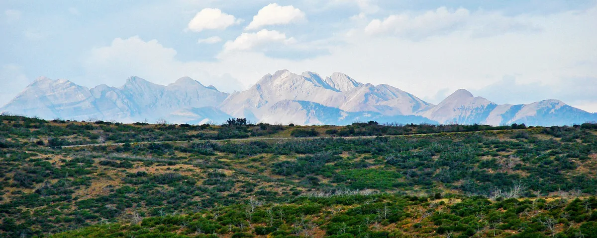 Sleeping Ute Mountain rises in a pale blue-gray silhouette across the horizon, framed above a scrub-covered desert foreground. Soft golden light and scattered white clouds give the wide landscape a calm, open feel.