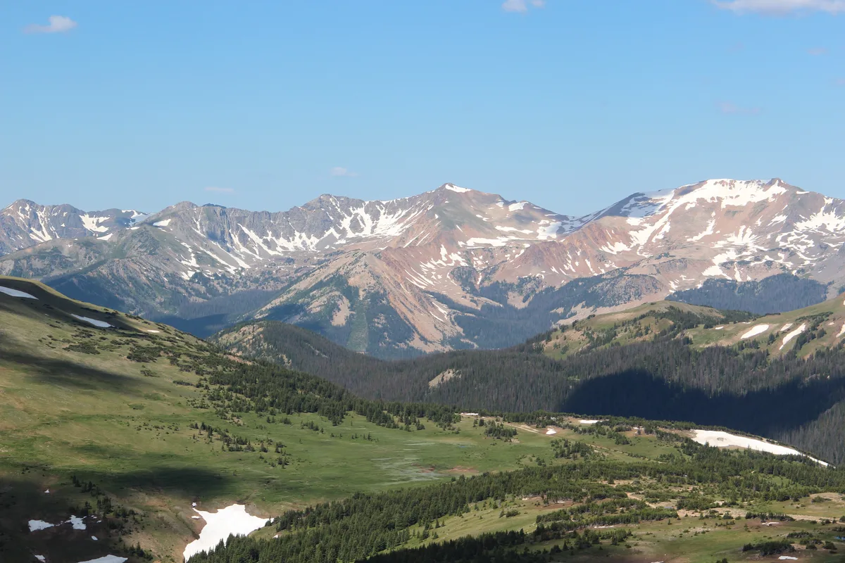 Wide alpine vista with a green meadow and scattered evergreens in the foreground, shadowed slopes crossing the hills, and a jagged line of snow-streaked peaks filling the horizon. Bright afternoon light and a clear blue sky give the mountain scene a crisp, open feel.