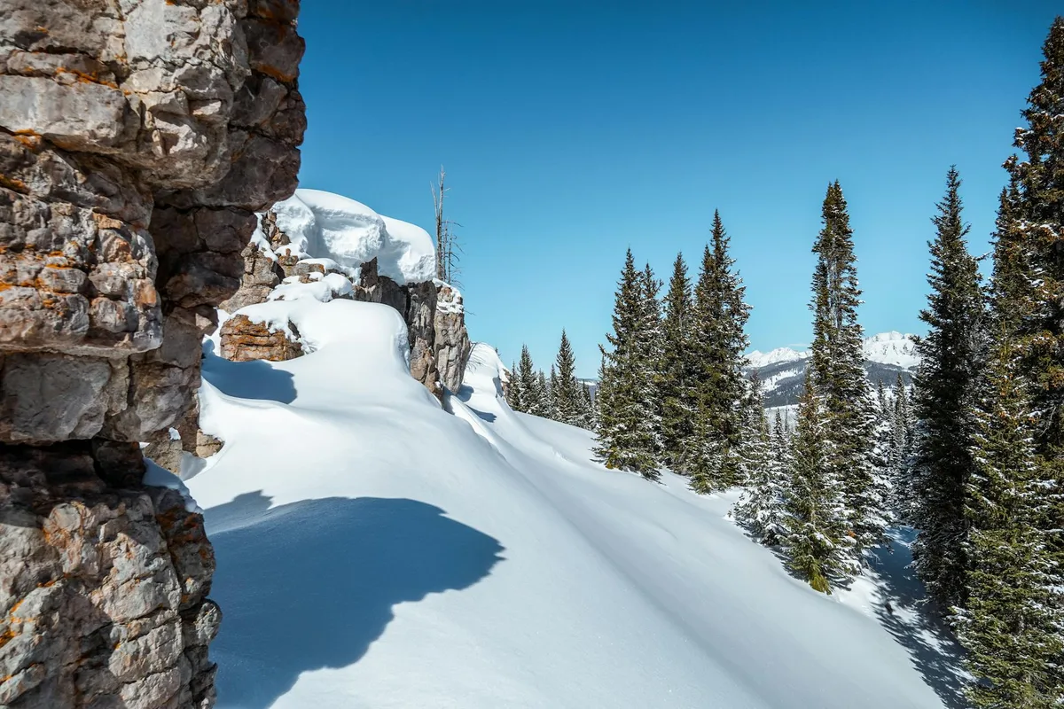 Snow-covered alpine rocks and a steep drift fill the foreground, with tall evergreen trees rising on the right under a clear blue sky. Snowy mountain peaks peek through the trees in bright afternoon light.