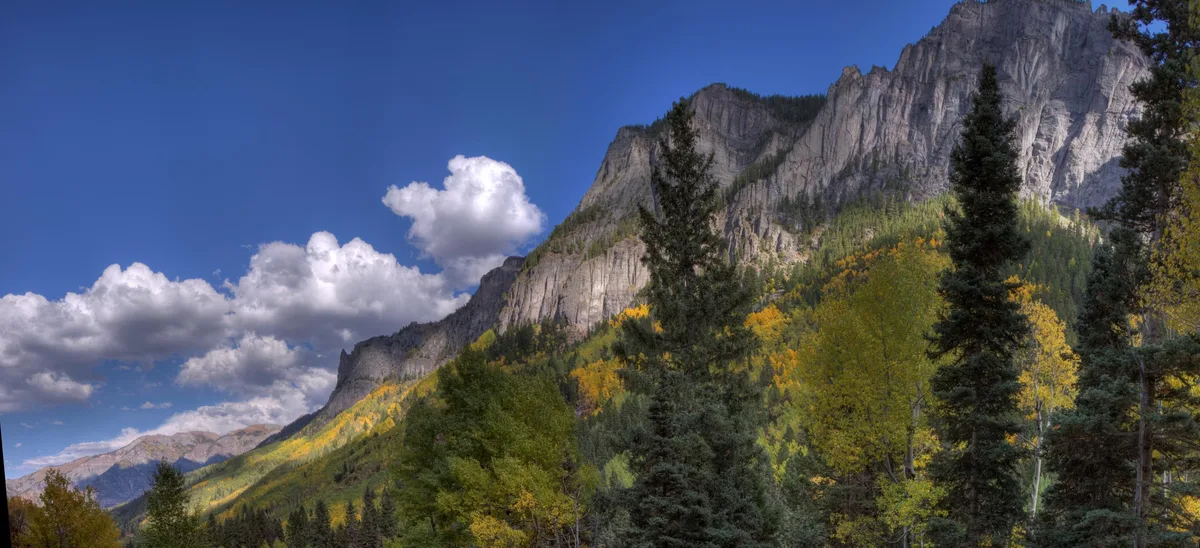 Towering gray cliffs rise above a steep alpine basin, with dark evergreens and patches of yellow autumn aspen in the foreground. Bright morning light catches the ridgeline under a deep blue sky with a few puffy clouds.